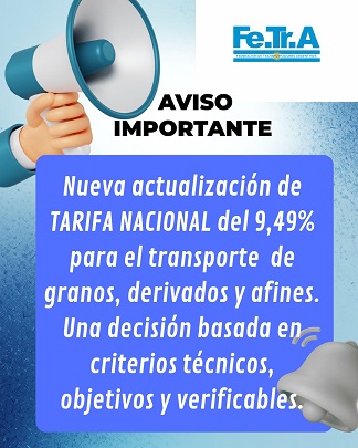 Nueva actualización de la Tarifa Nacional para el Transporte Granos, derivados y afines.